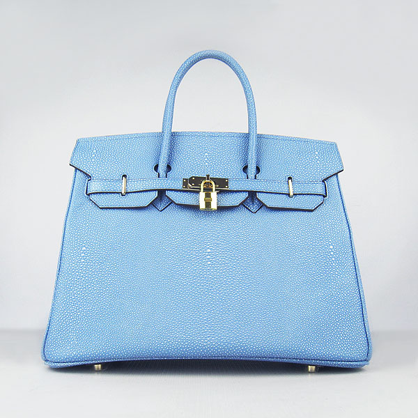 High Quality Fake Hermes Birkin 35CM Pearl Veins Leather Bag Light Blue 6089